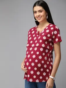 Zeyo Red & Pink Floral Print Maternity & Feeding Pure Cotton Top