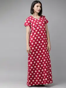 Zeyo Red & Pink Printed Cotton Maxi Nightdress