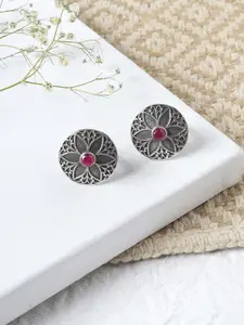 TEEJH Oxidised Silver-Plated Red Stone Studded Adjustable Toe Rings