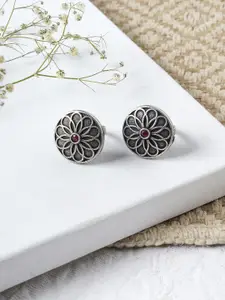 TEEJH Set Of 2 Oxidised Silver-Plated Pink Stone-Studded Adjustable Toe Rings