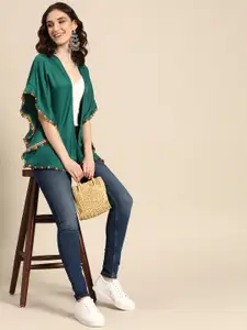 Sangria Women Green Solid Tassel Embroidered Kimono Sleeve Shrug