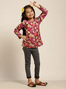 Sangria Girls Fuchsia Pink & Yellow Floral Print Top