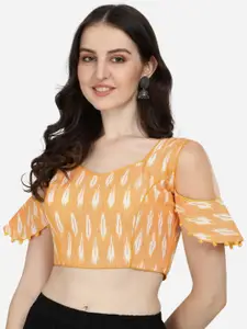 Amrutam Fab Women Yellow Ikat Printed Cotton Saree Blouse
