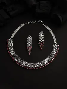 SOHI Silver-Plated Pink Stone Studded Necklace set