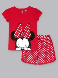 Kids Ville Girls Red & White Minnie Mouse Printed Pure Cotton Top with Shorts