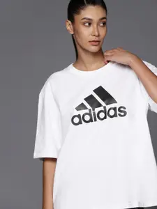 ADIDAS Women White W FI BOS Brand Logo Printed Pure Cotton Oversized T-shirt