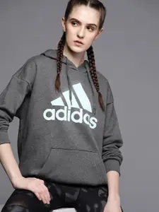 ADIDAS Women Grey BL OV Loose Fit Sustainable Brand Logo Printed Hooded Sweatshirt