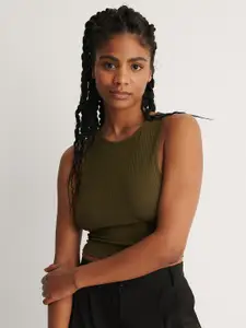 NA-KD Women Olive Green Ribbed Styled Back Top