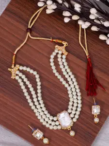 Crunchy Fashion Gold-Plated White Stone Pendant Pearl Choker Jewellery Set