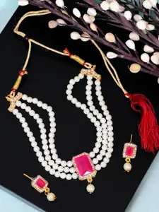 Crunchy Fashion Gold-Plated Pink Stone Pendant Pearl Choker Jewellery Set