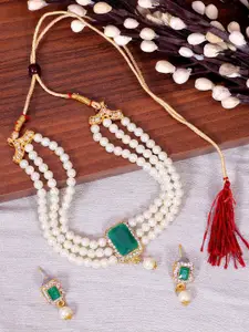 Crunchy Fashion Gold-Plated Green-Coloured Pearl Studded Choker Necklace Set
