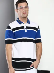 Dennis Lingo Men White Striped Polo Collar Slim Fit T-shirt