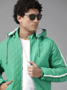The Roadster Lifestyle Co. Men Green Solid Quilted Jacket with Detachable Hood