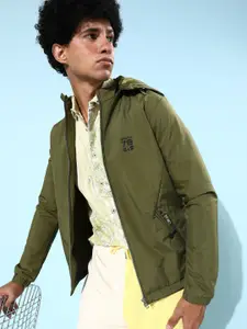 The Roadster Lifestyle Co. Men Olive Green Solid Hooded Bomber Jacket