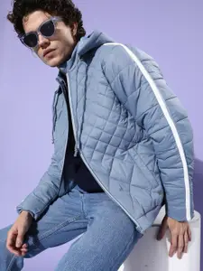 The Roadster Lifestyle Co. Men Blue Solid Quilted Jacket With Detachable Hood