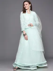 Chhabra 555 Turquoise Blue & White Embellished Net Ethnic Maxi Dress with Jacket