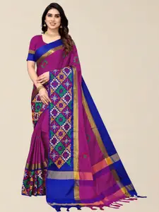 SERONA FABRICS Pink & Blue Embellished Kutchi Embroidery Silk Cotton  Saree