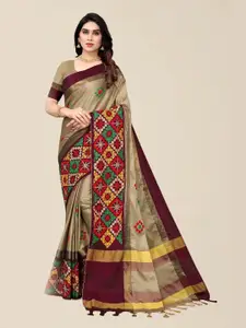 SERONA FABRICS Cream-Coloured & Brown Embellished Kutchi Embroidery Silk Cotton  Saree
