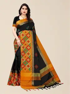 SERONA FABRICS Black & Orange Embellished Kutchi Embroidery Silk Cotton  Saree