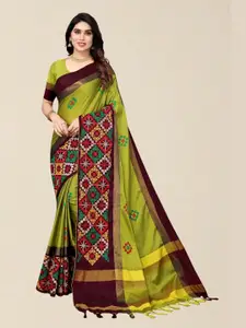 SERONA FABRICS Lime Green & Rust Embellished Kutchi Embroidery Silk Cotton  Saree