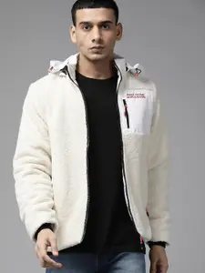 The Roadster Lifestyle Co. Men Off White Sherpa Tailored Jacket with Detachable Hood