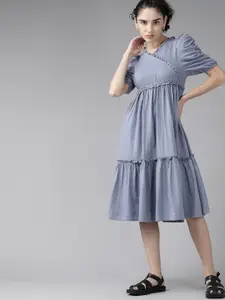 Roadster Blue Solid Tiered Ruffled Wrap Dress
