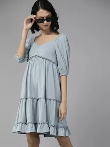 The Roadster Lifestyle Co. Blue Solid Tiered A-Line Dress