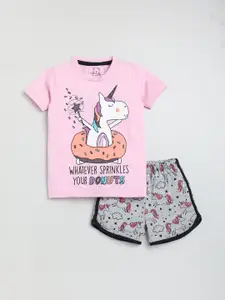 Lazy Shark Girls Pink & Grey Printed T-shirt with Shorts