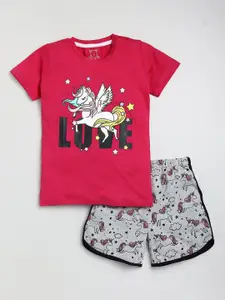 Lazy Shark Girls Pink & Grey Printed T-shirt with Shorts