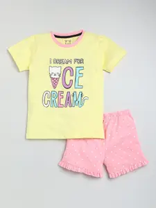 Lazy Shark Girls Yellow & Pink Printed T-shirt with Shorts