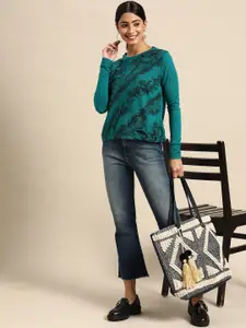 Sangria Women Teal Blue & Black  Acrylic Printed Pullover