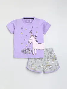 Lazy Shark Girls Purple & Grey Printed T-shirt with Shorts