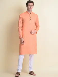 NAMASKAR Men Red Solid Cotton Linen Kurta