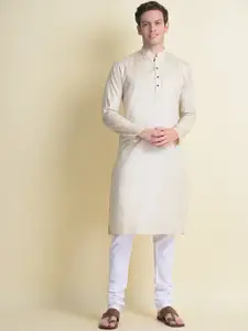 NAMASKAR Men Cream-Coloured Cotton Solid Kurta