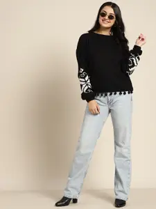 Sangria Teen Girls Black & White Solid Pullover with Pom-Pom Fringed Hem Detail