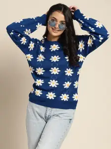 Sangria Girls Blue & White Floral Printed Pullover
