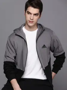 ADIDAS Men Charcoal Grey & Black Essentials For Gameday Fleece Full-Zip Hoodie