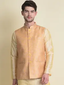 NAMASKAR Men Gold-Coloured Solid Woven Nehru Jackets