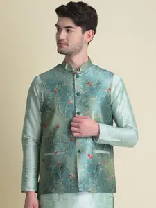 NAMASKAR Men Green Printed Pure Silk Nehru Jackets