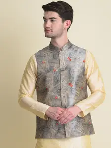 NAMASKAR Men Silver Colored Printed Pure Silk Nehru Jackets