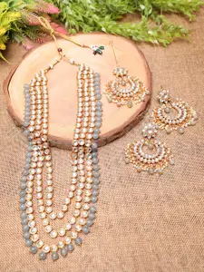 Swarajshop Gold-Plated Grey Kundan Beaded Necklace Set
