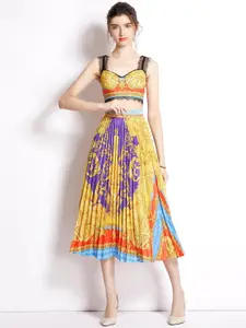 JC Collection Women Orange & Yellow Floral Print Top & Skirt Co-ords