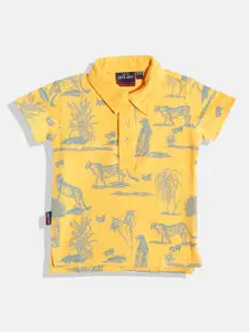 Gini and Jony Boys Yellow & Grey Pure Cotton Graphic Print Polo Collar T-shirt