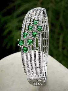 KARATCART Silver-Toned White & Green AD Stone Studded Bangle