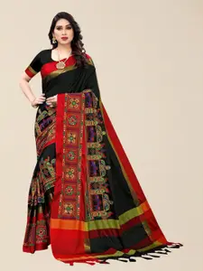 SERONA FABRICS Black & Red Embellished Kutchi Embroidery Silk Cotton  Saree