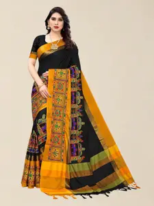 SERONA FABRICS Black & Yellow Ethnic Motifs Kutchi Embroidery Silk Cotton Saree