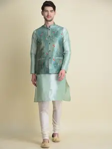 NAMASKAR Men Sea Green Layered Thread Work Dupion Silk Nehru Jacket Kurta Churidar Set