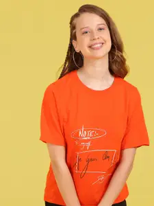Flying Machine Women Orange Graphic Printed Pure Cotton Boxy T-shirt