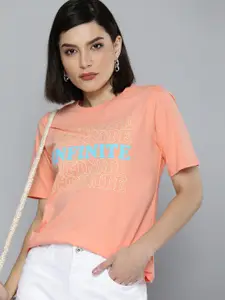 Flying Machine Women Peach Typography Printed Pure Cotton Boxy T-shirt