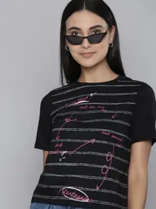 Flying Machine Women Black Striped Pure Cotton Boxy T-shirt